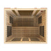 Top-down view inside Golden Designs Dynamic Bellagio 3 Person Low EMF Far Infrared Sauna showing carbon panels on every wall and a long bench