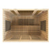 Top-down view inside Golden Designs Dynamic Bergamo 4 Person Low EMF Far Infrared Sauna showing the long bench and carbon panels on every wall