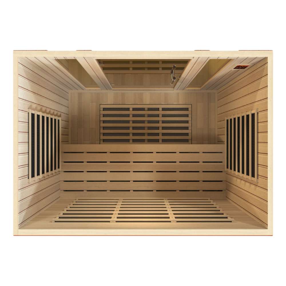 Top-down view inside Golden Designs Dynamic Bergamo Elite 4 Person Ultra Low EMF Far Infrared Sauna showing a long bench, carbon panels and a light wood floor