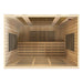 Top-down view inside Golden Designs Dynamic Bergamo Elite 4 Person Ultra Low EMF Far Infrared Sauna showing a long bench, carbon panels and a light wood floor