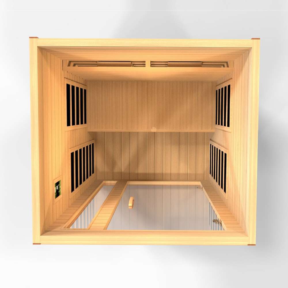 Top-down view inside Golden Designs Dynamic Cordoba 2 Person Full Spectrum Infrared Sauna showing carbon panels on three walls and the floor