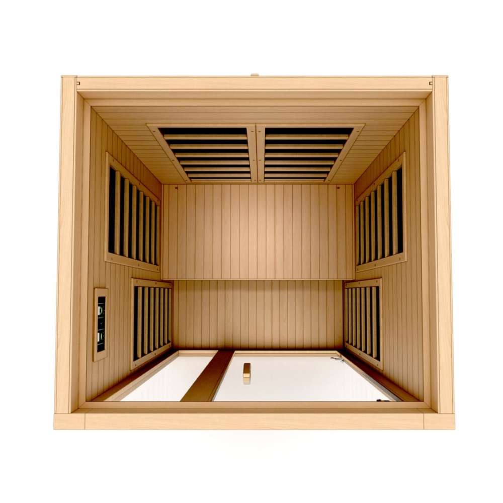 Top-down view inside Golden Designs Dynamic Gracia Elite 1-2 Person Ultra Low EMF Far Infrared Sauna showing carbon panels on the walls and a light wood floor