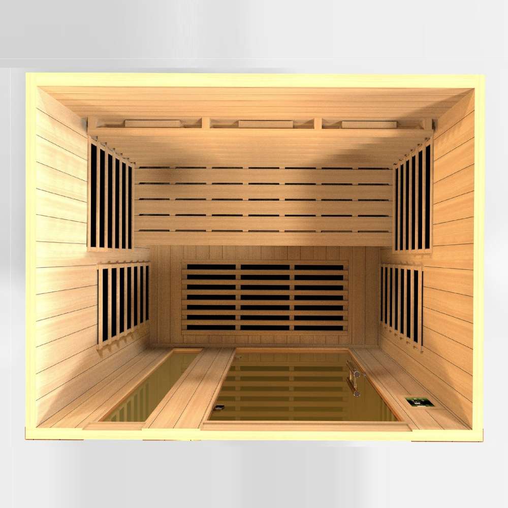 Top-down view inside Golden Designs Dynamic Lugano 3 Person Full Spectrum Infrared Sauna showing carbon panels on the walls and a long bench