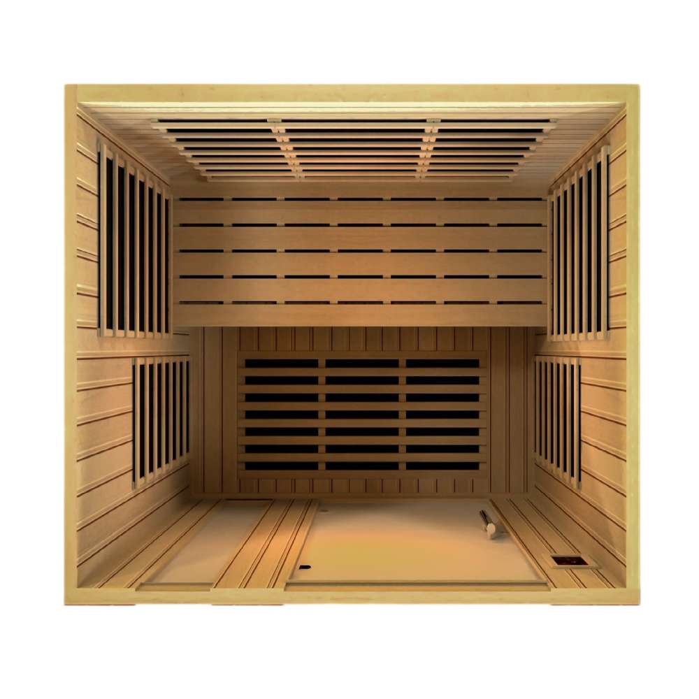 Top-down view inside Golden Designs Dynamic Lugano 3 Person Low EMF Far Infrared Sauna showing carbon panels on every wall and a long bench