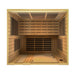 Top-down view inside Golden Designs Dynamic Lugano 3 Person Low EMF Far Infrared Sauna showing carbon panels on every wall and a long bench