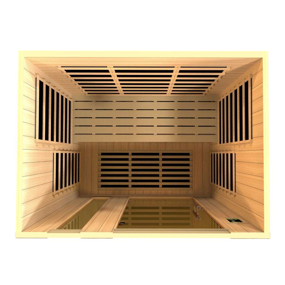 Top-down view inside Golden Designs Dynamic Lugano Elite 3 Person Ultra Low EMF Far Infrared Sauna showing carbon panels on every wall and a long bench
