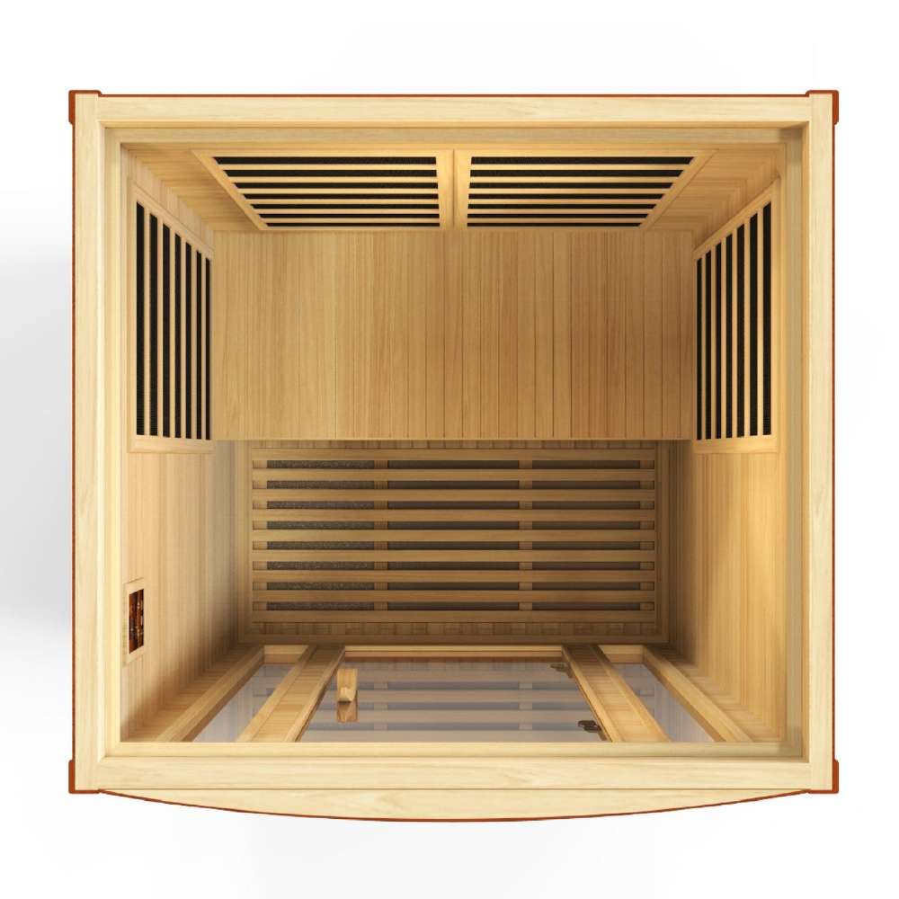 Top-down view inside Golden Designs Dynamic San Marino 2 Person Low EMF Far Infrared Sauna showing the bench, wall carbon panels and floor heater