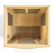 Top-down view inside Golden Designs Dynamic San Marino 2 Person Low EMF Far Infrared Sauna showing the bench, wall carbon panels and floor heater