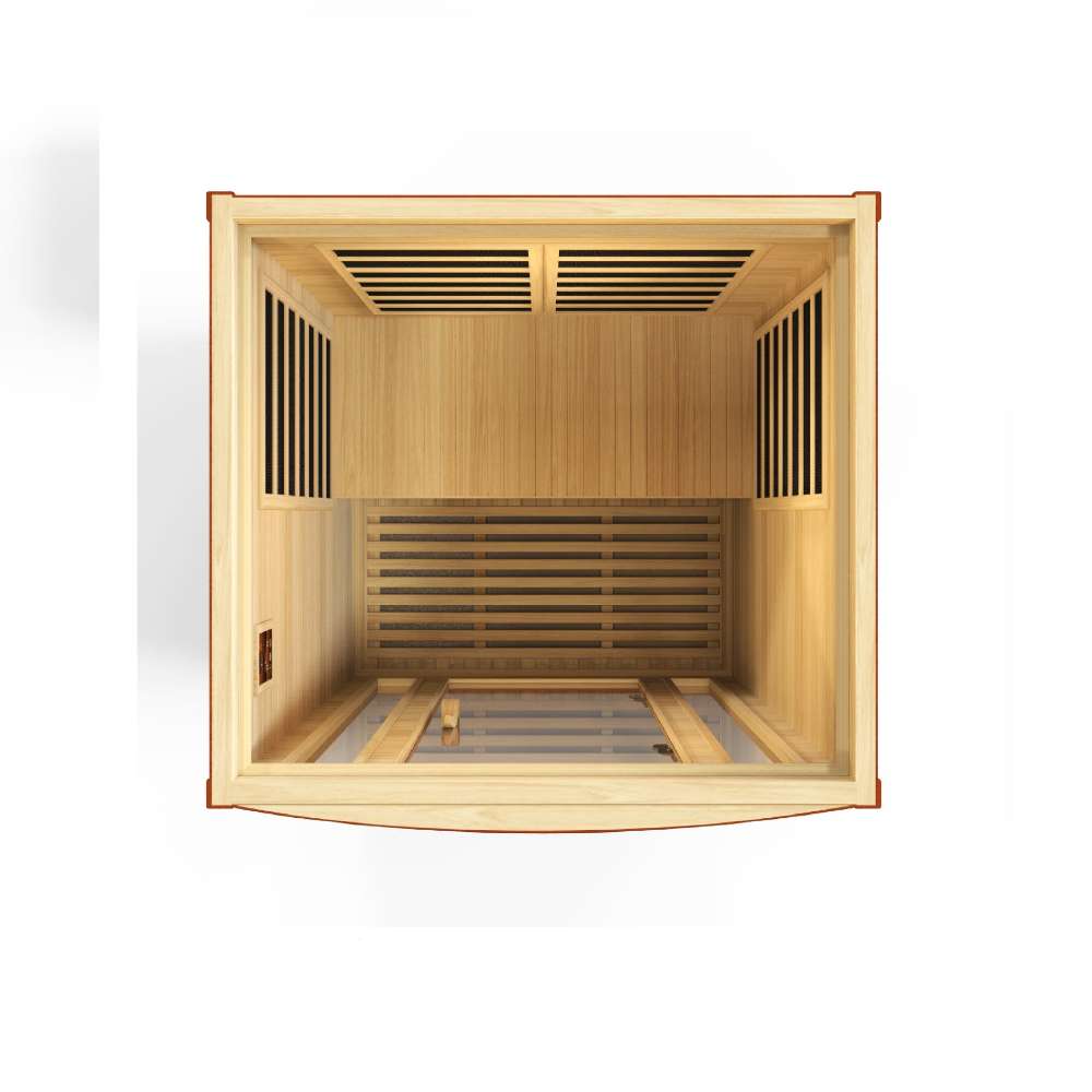Top-down view inside Golden Designs Dynamic San Marino Elite 2 Person Ultra Low EMF Far Infrared Sauna showing the bench, wall carbon panels and floor heater