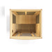 Top-down view inside Golden Designs Dynamic San Marino Elite 2 Person Ultra Low EMF Far Infrared Sauna showing the bench, wall carbon panels and floor heater