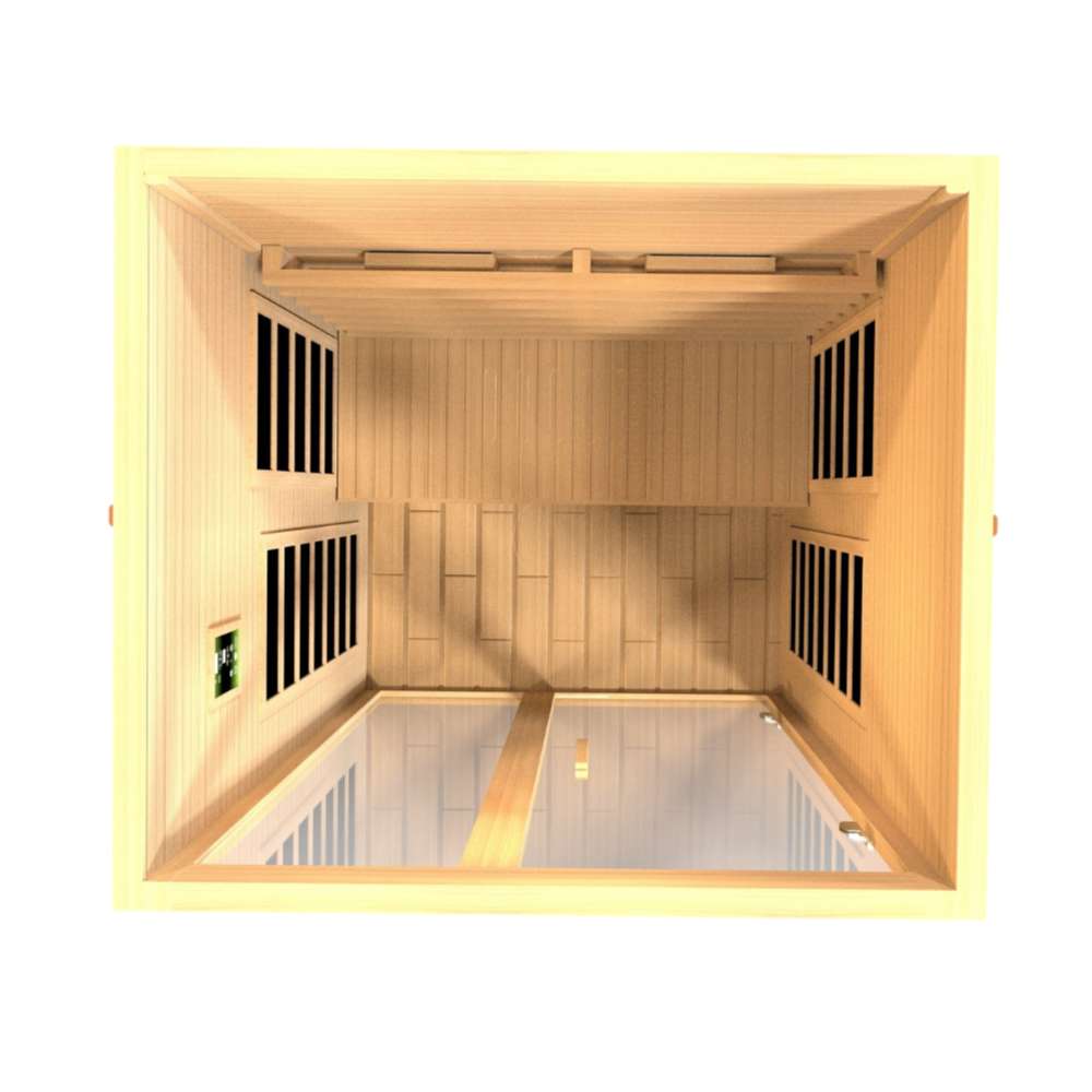 Top-down view inside Golden Designs Dynamic Santiago 2 Person Full Spectrum Infrared Sauna showing carbon panels on the walls and the floor heater
