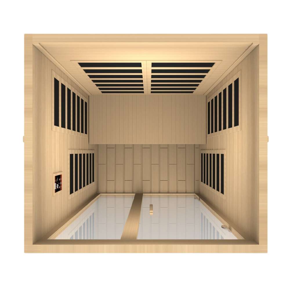 Top-down view inside Golden Designs Dynamic Santiago 2 Person Low EMF Far Infrared Sauna showing carbon panels on the walls and a light wood floor