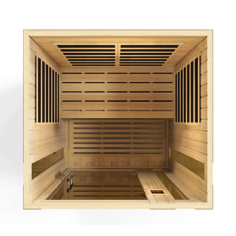 Top-down view inside Golden Designs Dynamic Vittoria 2 Person Low EMF Far Infrared Sauna showing carbon panels on the walls and a light wood floor