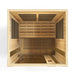 Top-down view inside Golden Designs Dynamic Vittoria 2 Person Low EMF Far Infrared Sauna showing carbon panels on the walls and a light wood floor