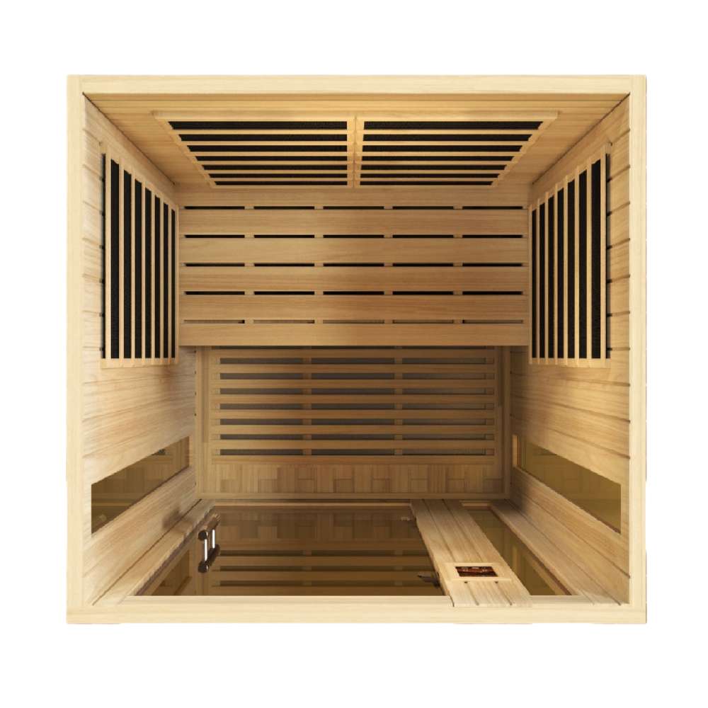 Top-down view inside Golden Designs Dynamic Vittoria Elite 2 Person Ultra Low EMF Far Infrared Sauna showing carbon panels on the walls and a light wood floor