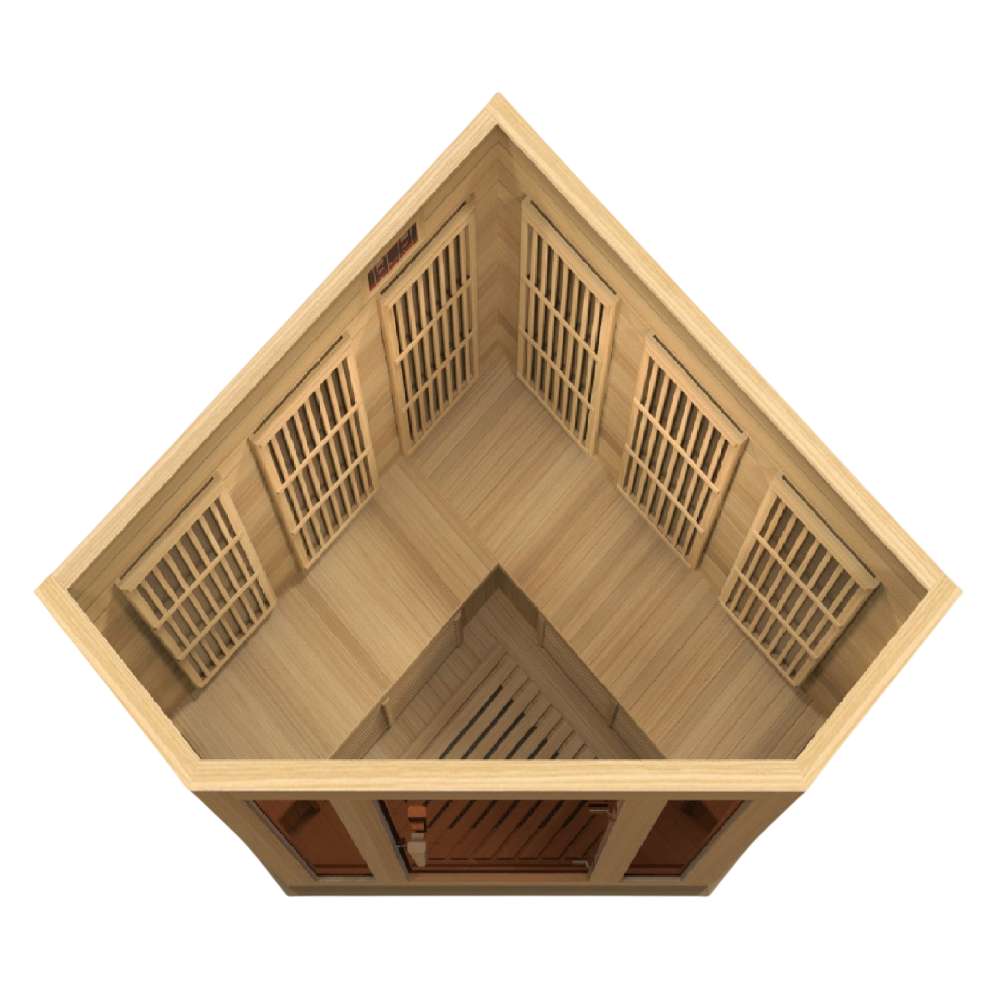 Top-down view into Golden Designs Maxxus 3 Person Low EMF Far Infrared Corner Sauna in Hemlock showing carbon panels along the two back walls