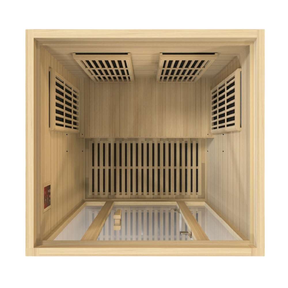 Top-down view into Golden Designs Maxxus Seattle 2 Person Low EMF Far Infrared Sauna showing carbon panels on the walls and the floor heater