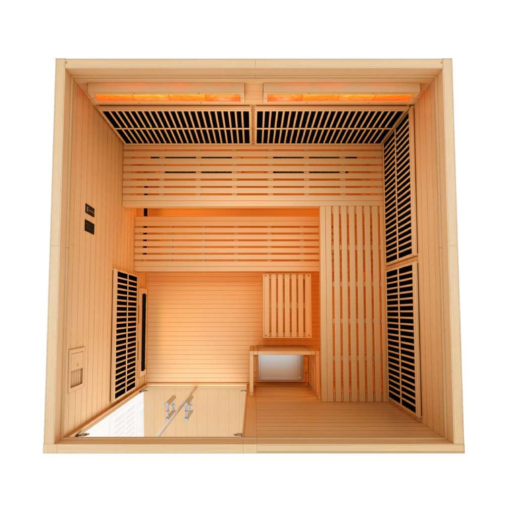 Top-down view into Golden Designs Toledo 6 Person Indoor Hybrid Sauna with Full Spectrum IR and Harvia Stove showing open floor space, a small bench and carbon heating panels along the walls