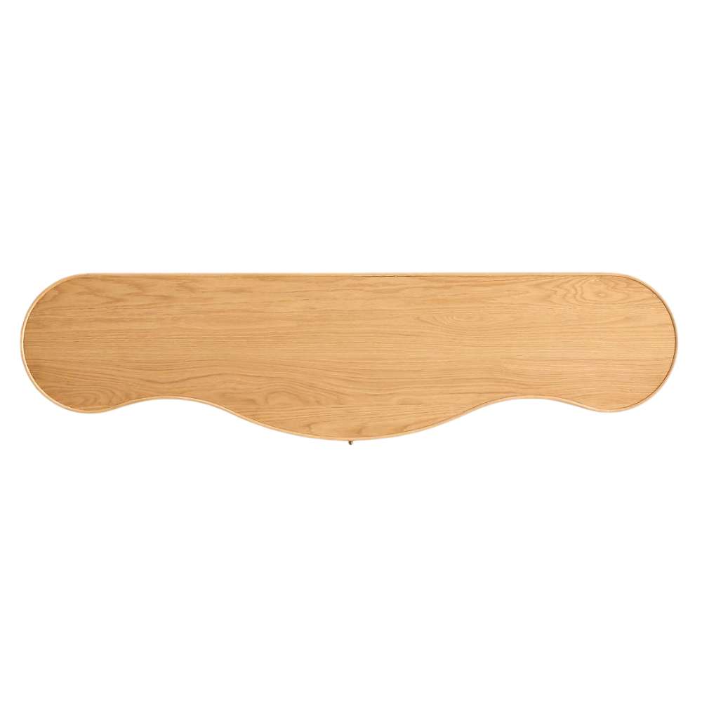 Top-down view of Crate & Barrel Delphine 73" Storage Console Table Desk showing its smooth oak surface and softly curved shape