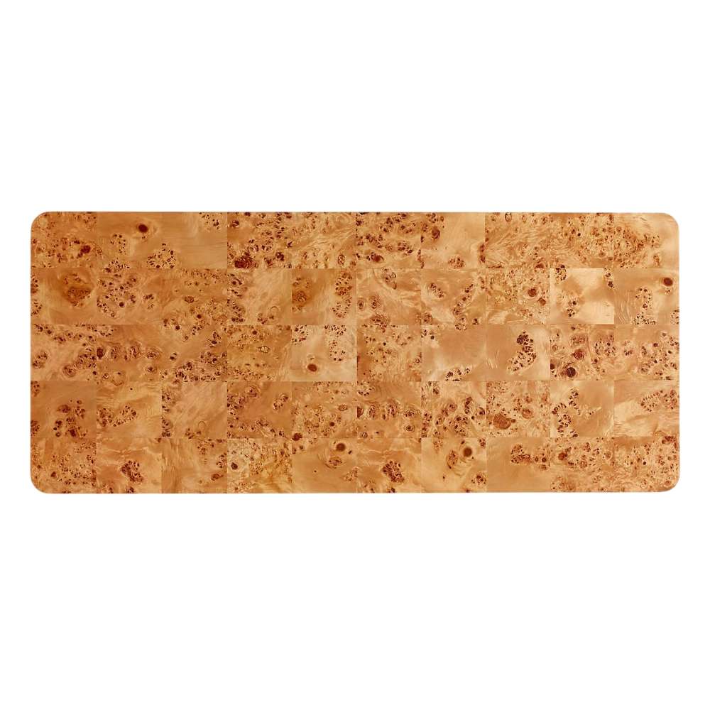 Top-down view of Crate & Barrel Emerson 60" Mappa Burl Desk displaying the distinctive patchwork mappa burl wood grain across the desktop
