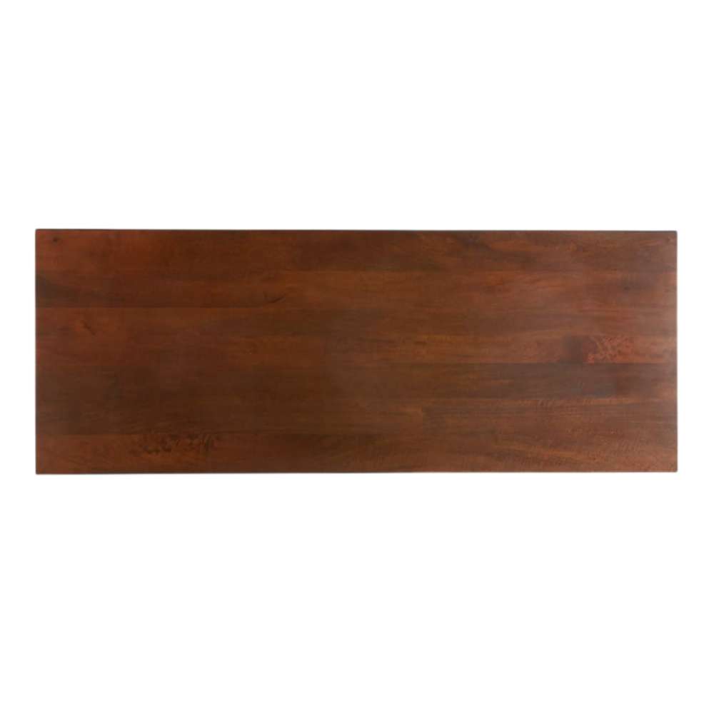 Top-down view of Crate & Barrel Raffael Carved Wood Executive Desk showing the smooth rectangular wood work surface