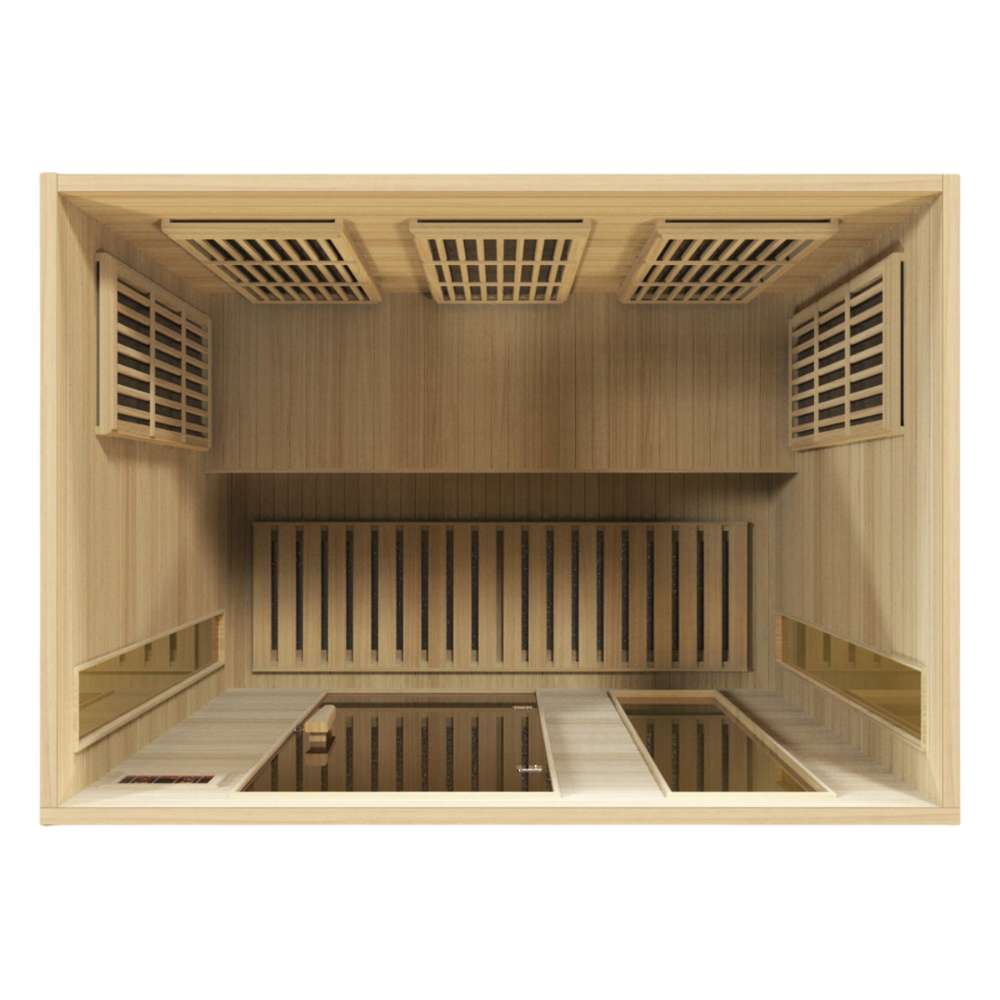 Top-down view of Golden Designs Maxxus 3 Person Low EMF Far Infrared Sauna in Hemlock looking toward the back wall carbon panels