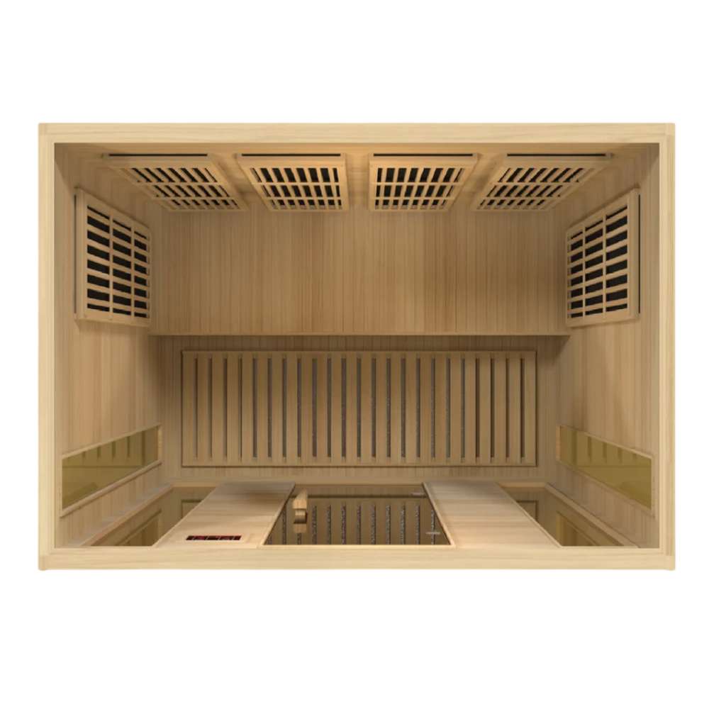 Top-down view of Golden Designs Maxxus 4 Person Low EMF Far Infrared Sauna in Hemlock looking toward the back wall carbon panels