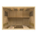 Top-down view of Golden Designs Maxxus 4 Person Low EMF Far Infrared Sauna in Hemlock looking toward the back wall carbon panels