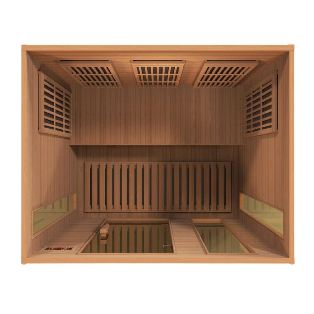 Top-down view of Golden Designs Maxxus Montilemar 3 Person Near Zero EMF Far Infrared Sauna in Red Cedar looking toward the back wall carbon panels