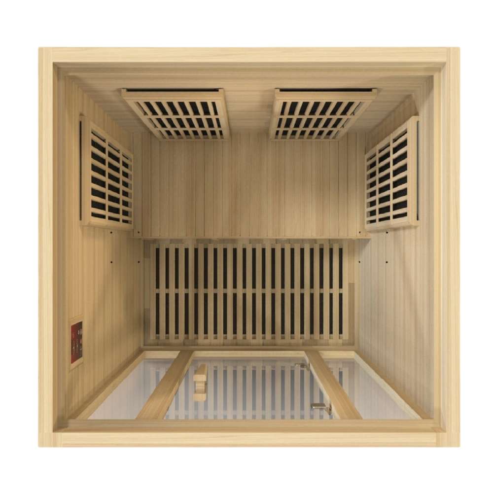 Top-down view of Golden Designs Maxxus Seattle 2 Person Near Zero EMF Far Infrared Sauna showing carbon panels on the walls and a floor heater