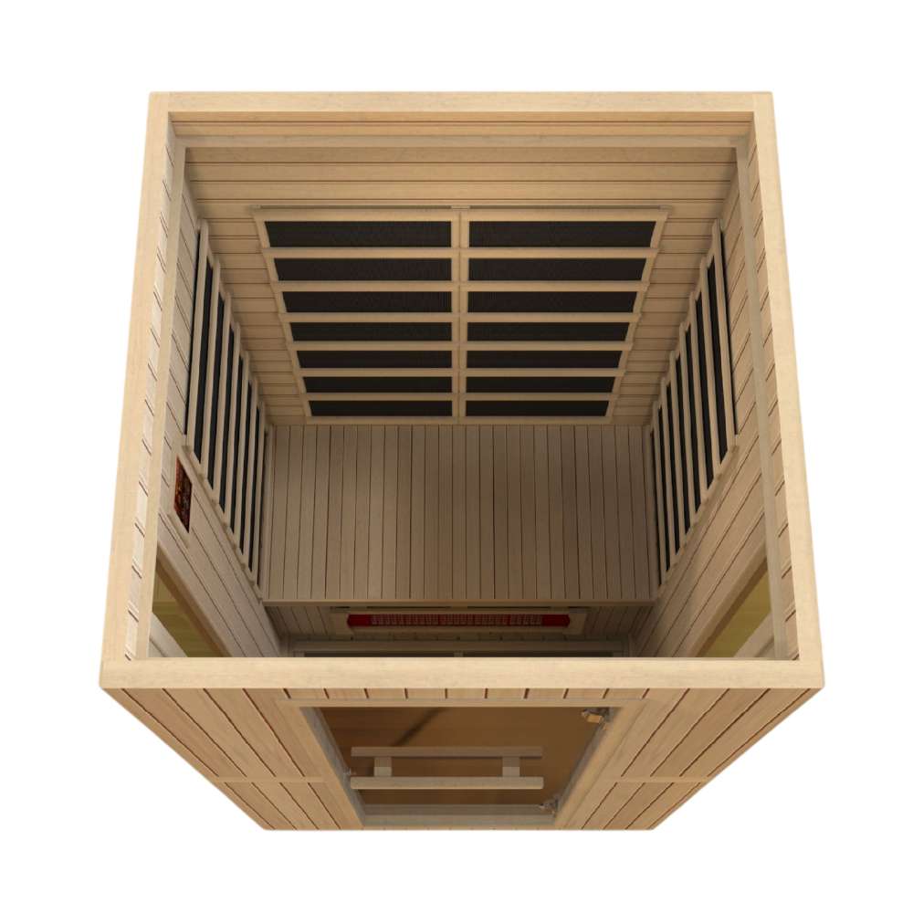 Top-down view of Golden Designs Maxxus Serenity Dual Tech 2 Person Low EMF Far Infrared Sauna looking toward the back wall carbon panels