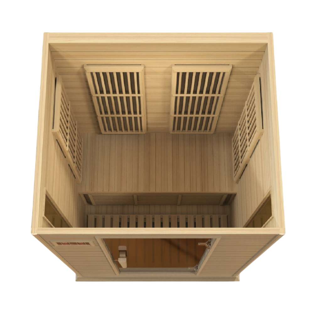 Top-down view of Golden Designs Maxxus Toulose 2 Person Low EMF Far Infrared Sauna looking toward the back wall carbon panels