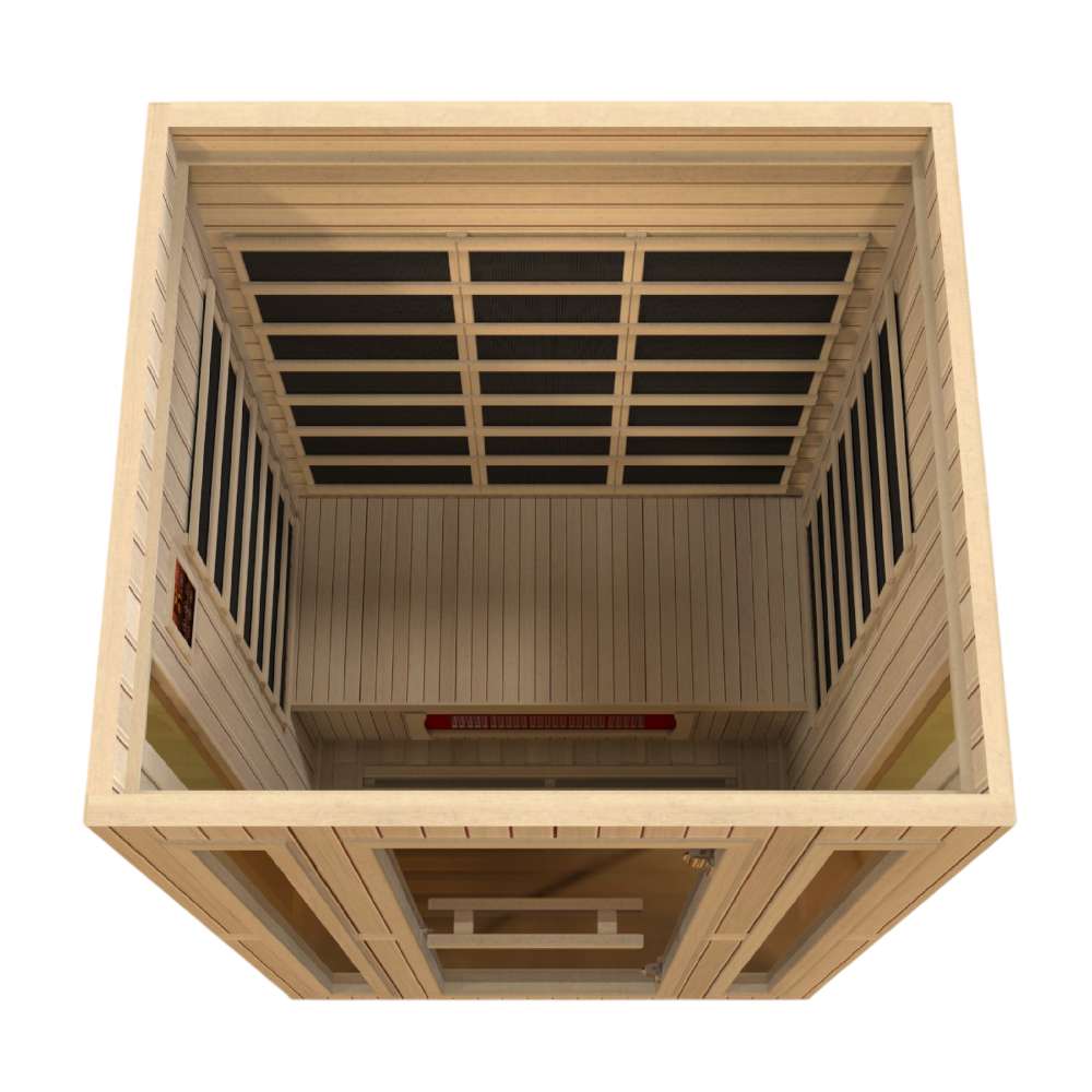 Top-down view of Golden Designs Maxxus Trinity Dual Tech 3 Person Low EMF Far Infrared Sauna looking toward the back wall carbon panels