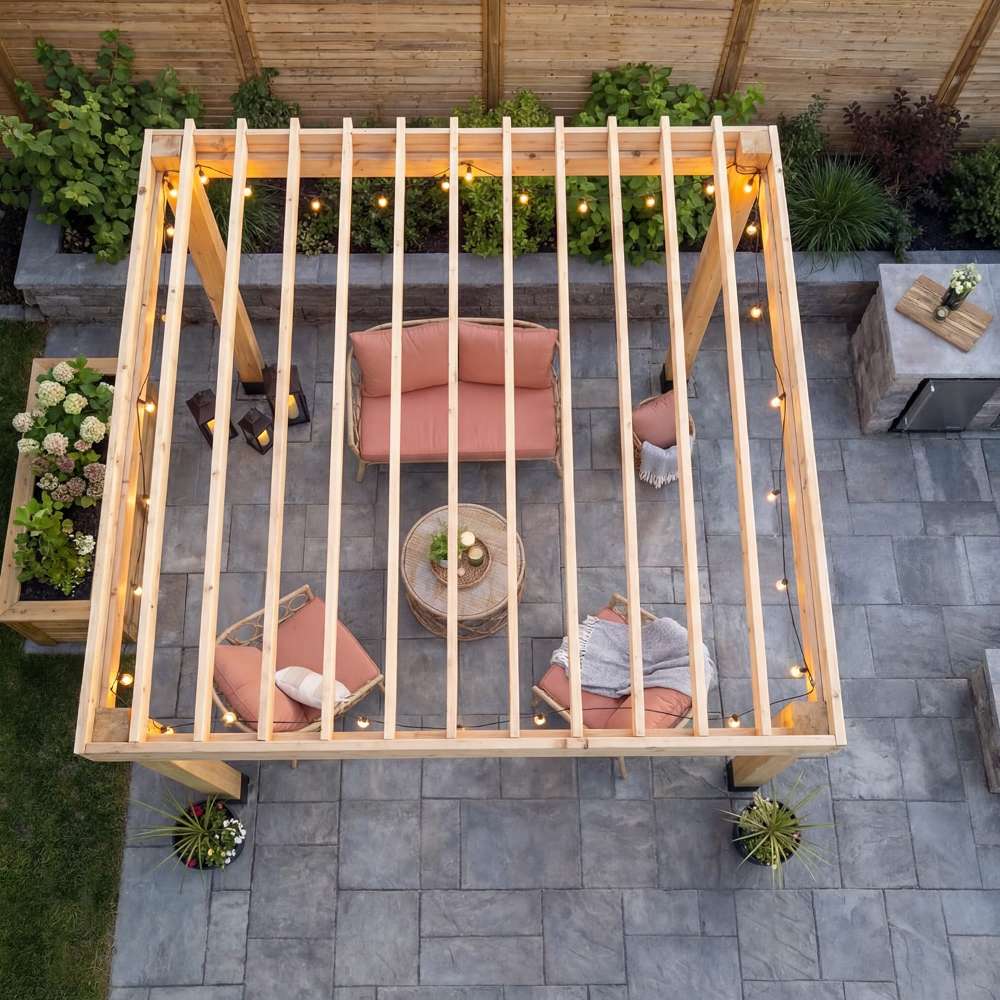 Top-down view of a pergola covering a seating set with the Outdoor Living Today Western Red Cedar Urban Escape Pergola