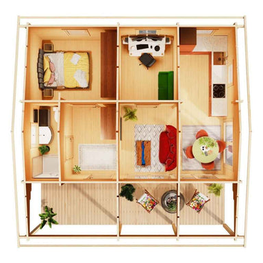 Top-down 3D floor plan of the GardenHouse24 USA Mikka 70 Garden Room reveals a fully furnished interior with a bedroom, office, kitchen, and living areas