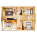 Top-down 3D interior view of the GardenHouse24 USA Bendy 70 Garden Room reveals a warm wood-finished open-plan design with two bedrooms, a bathroom, and a livingkitchen area