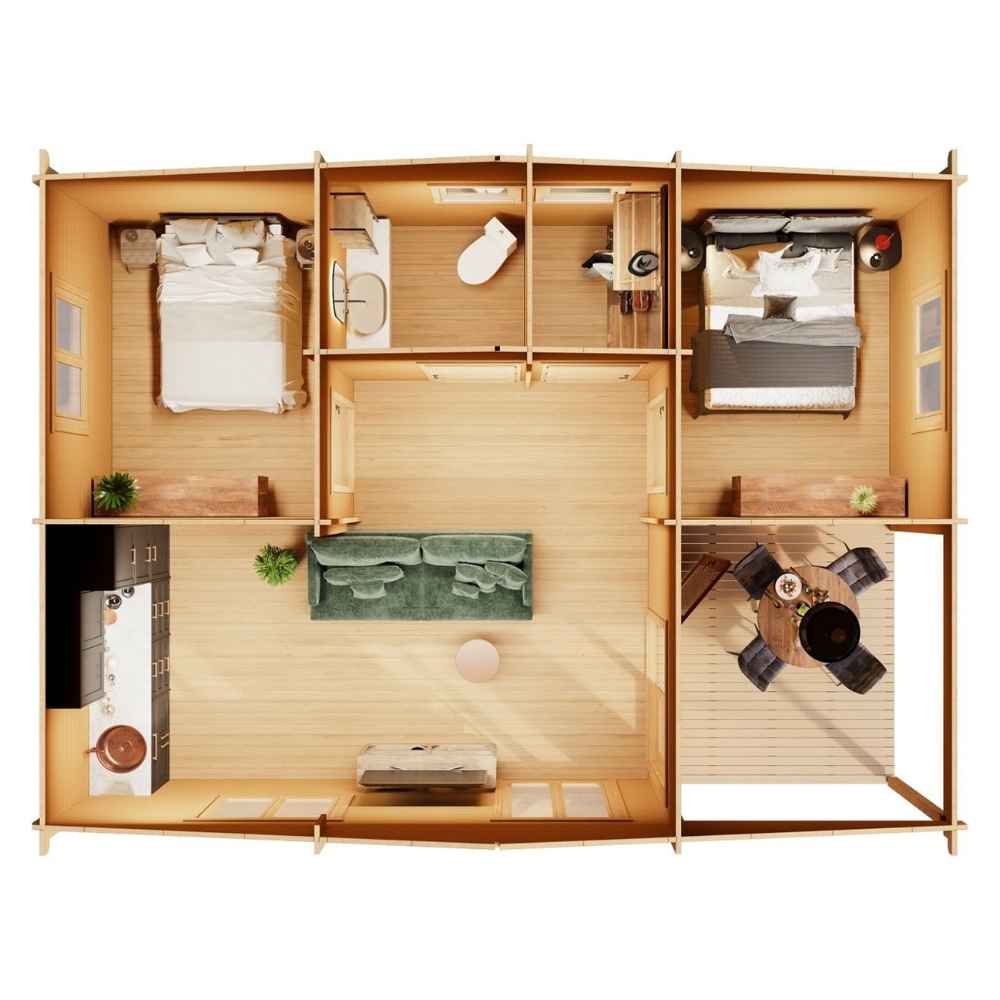 Top-down 3D view shows the full interior layout of the GardenHouse24 USA Skanderborg 90 Garden Room, featuring two bedrooms, a bathroom, living space, and a front terrace