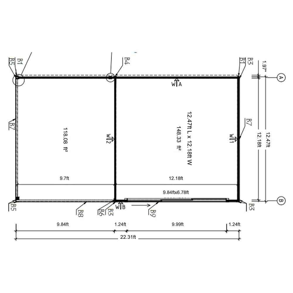 Top-down architectural blueprint displaying room sizes and interior measurements of GardenHouse24 USA Q Bic ALU 44A SD Garden Room