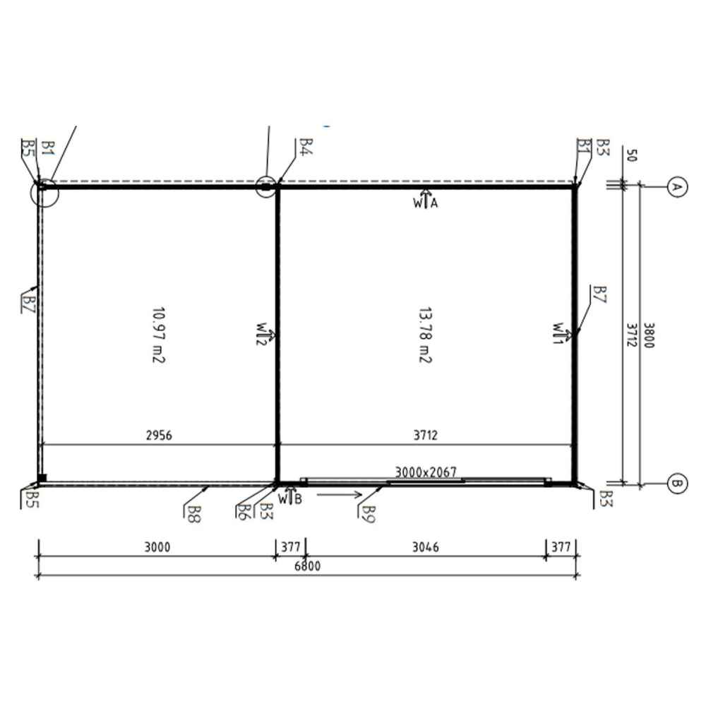 Top-down architectural blueprint displaying room sizes and interior measurements of the GardenHouse24 USA Q Bic ALU 44A SD Garden Room