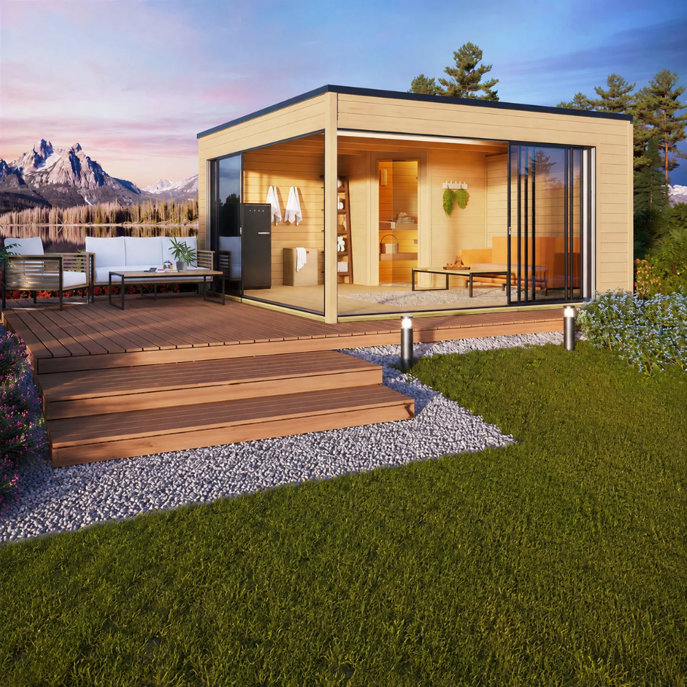 Top-down architectural blueprint shows a square-shaped layout labeled with internal area for the GardenHouse24 USA Q Bic ALU 70F Sauna Garden Room
