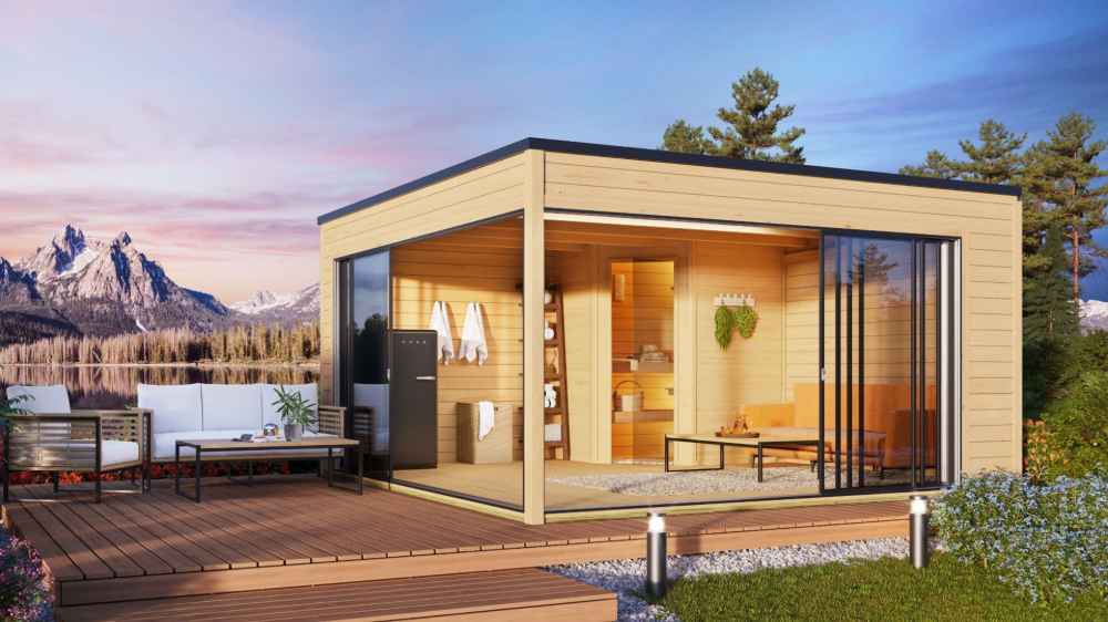 Top-down architectural blueprint shows a square-shaped layout labeled with internal area for the GardenHouse24 USA Q Bic ALU 70F Sauna Garden Room
