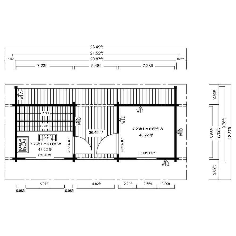 Top-down architectural floor plan with detailed room layouts and dimensions for GardenHouse24 USA Urho 70 A Garden Room