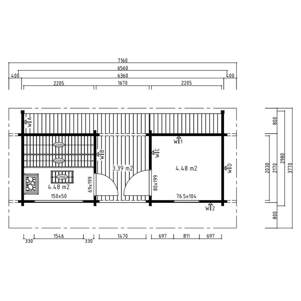 Top-down architectural floor plan with detailed room layouts and dimensions for the GardenHouse24 USA Urho 70 A Garden Room