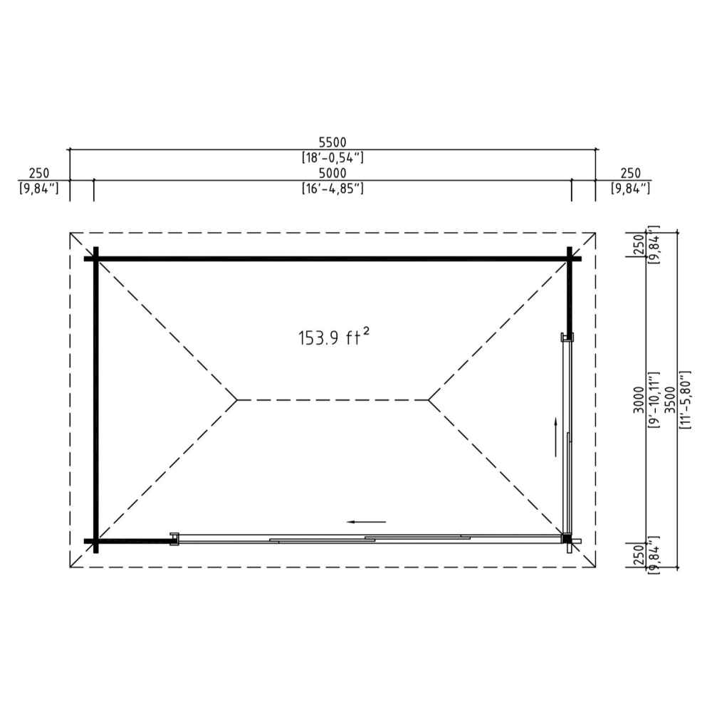Top-down architectural plan of the GardenHouse24 USA Pavilion ALU 44C Garden Room shows a rectangular 153.9 sq ft layout with precise measurements and door placement