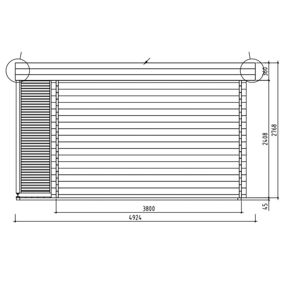 Top-down drawing of the GardenHouse24 USA Konrad 44 Garden Room shows roof dimensions and the layout of the slatted wood detailing