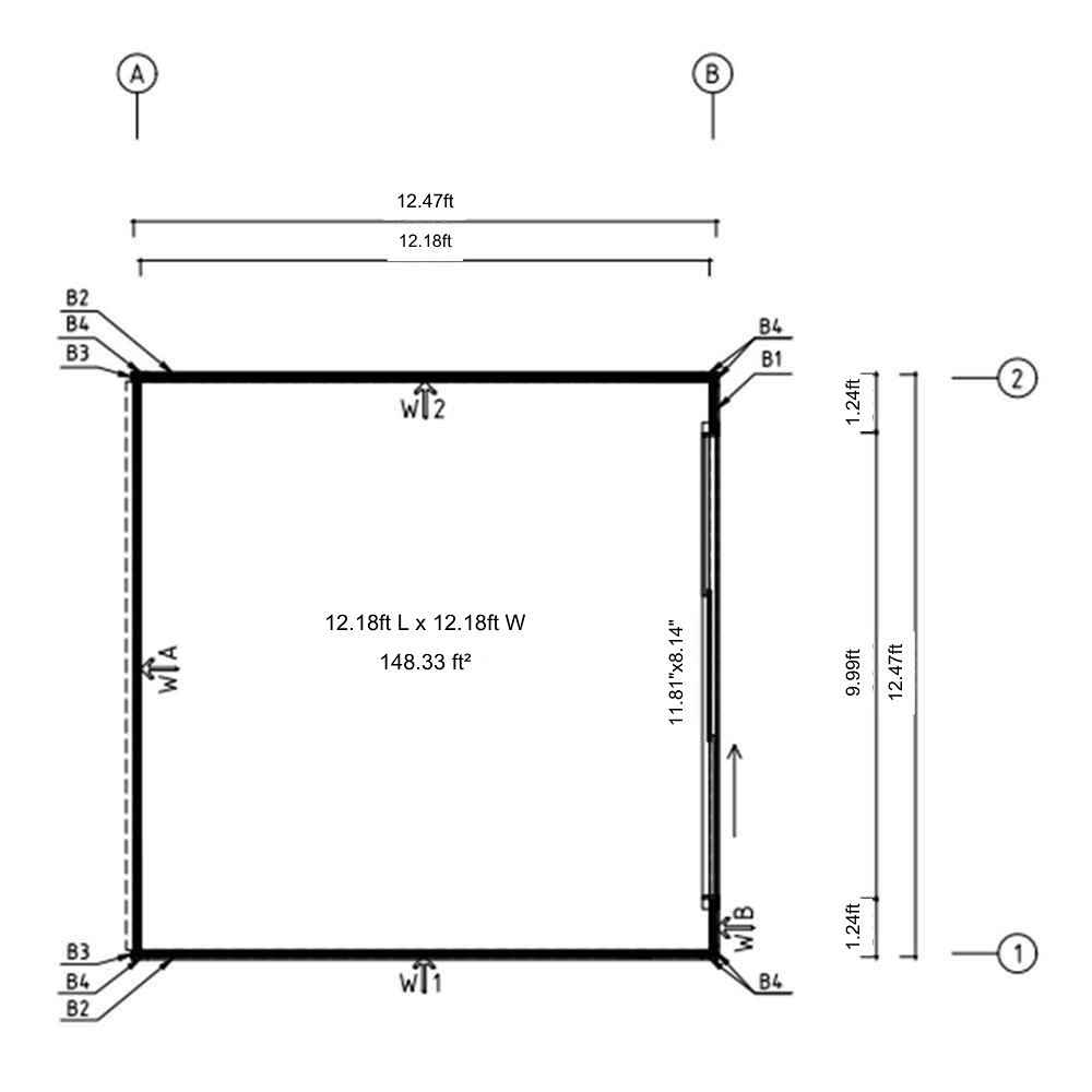 Top-down floor plan diagram outlines the 148.33 square feet interior space and structural measurements of GardenHouse24 USA Q Bic ALU 44A Garden Room