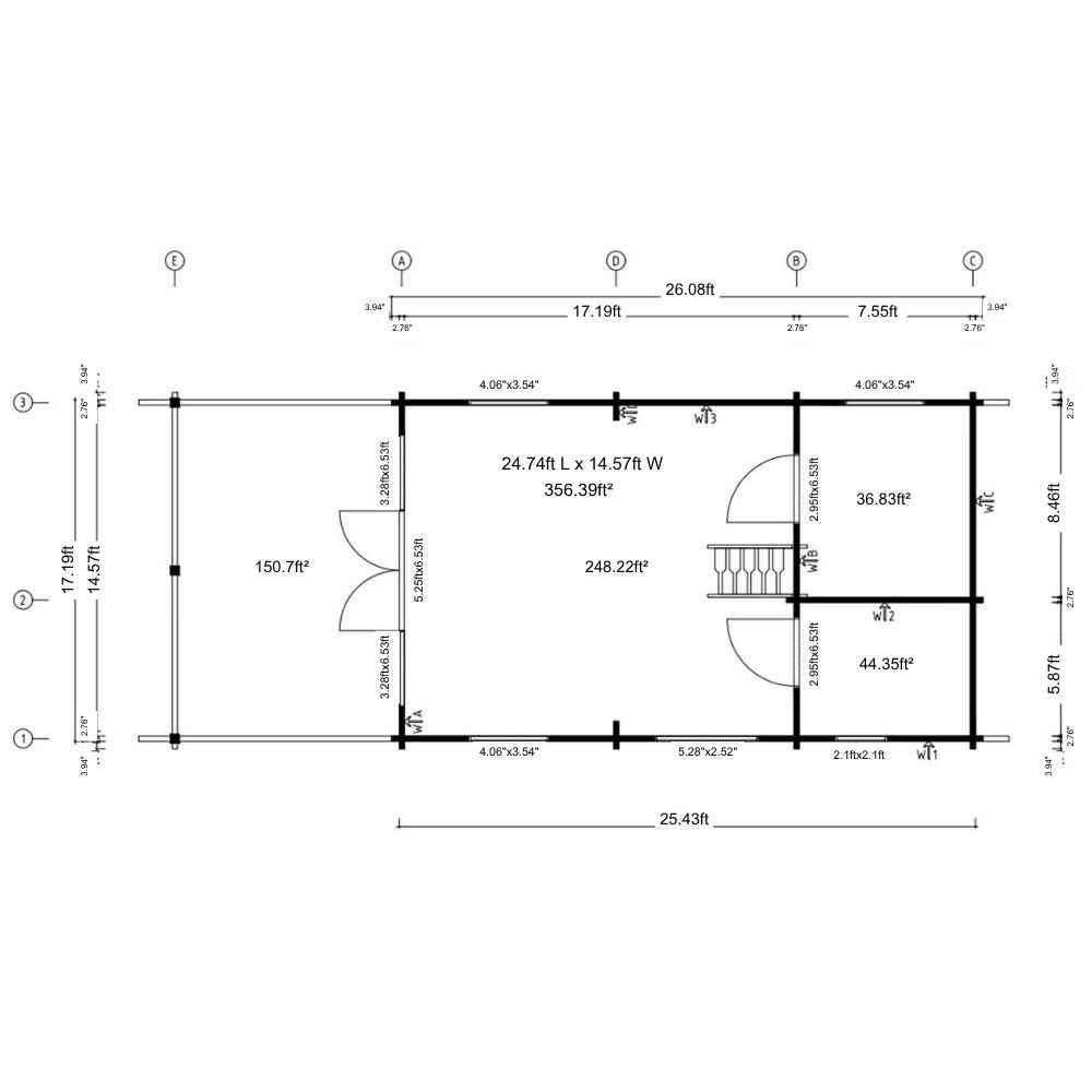 Top-down floor plan diagram outlines the interior layout of GardenHouse24 USA Lake House 70A Garden Room with labeled room sizes and wall measurements