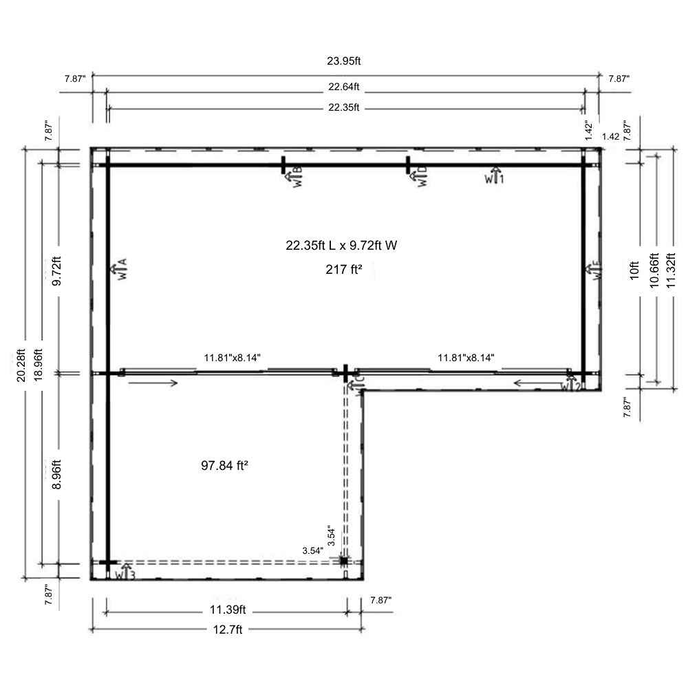 Top-down floor plan drawing of GardenHouse24 USA Lasse 44B ALU Garden Room details room dimensions and layout for main and side sections