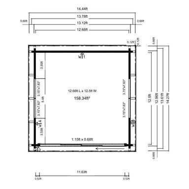 Top-down floor plan of GardenHouse24 USA ALU Concept Lounge 70A Garden Room, displaying interior dimensions and doorwindow placements