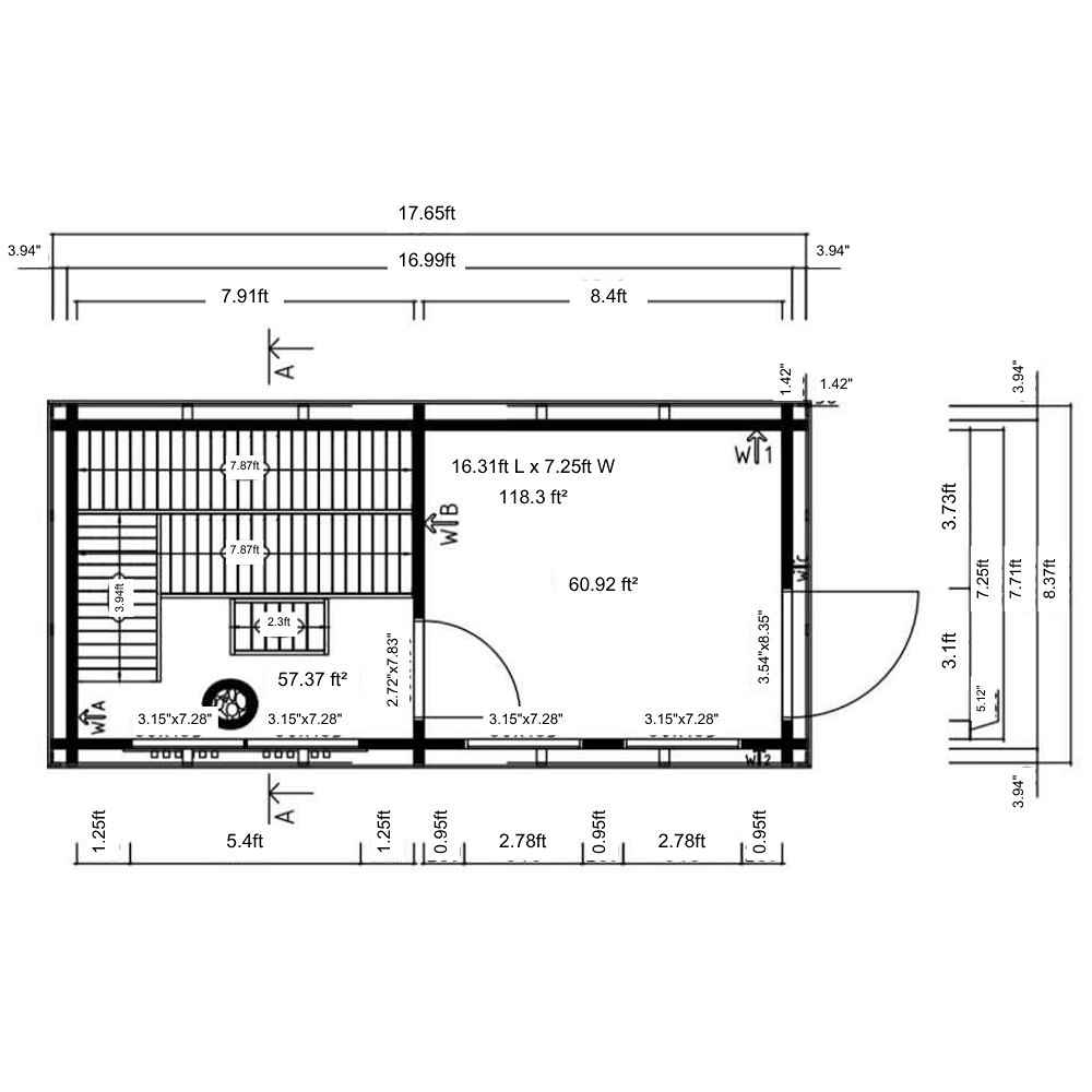 Top-down floor plan of GardenHouse24 USA Sauna Giusto 70 Garden Room, detailing two sections including a sauna and a lounge